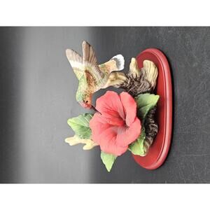 Vintage Avon Ruby-Throated Hummingbird & Hibiscus Porcelain Figurine Wood Base